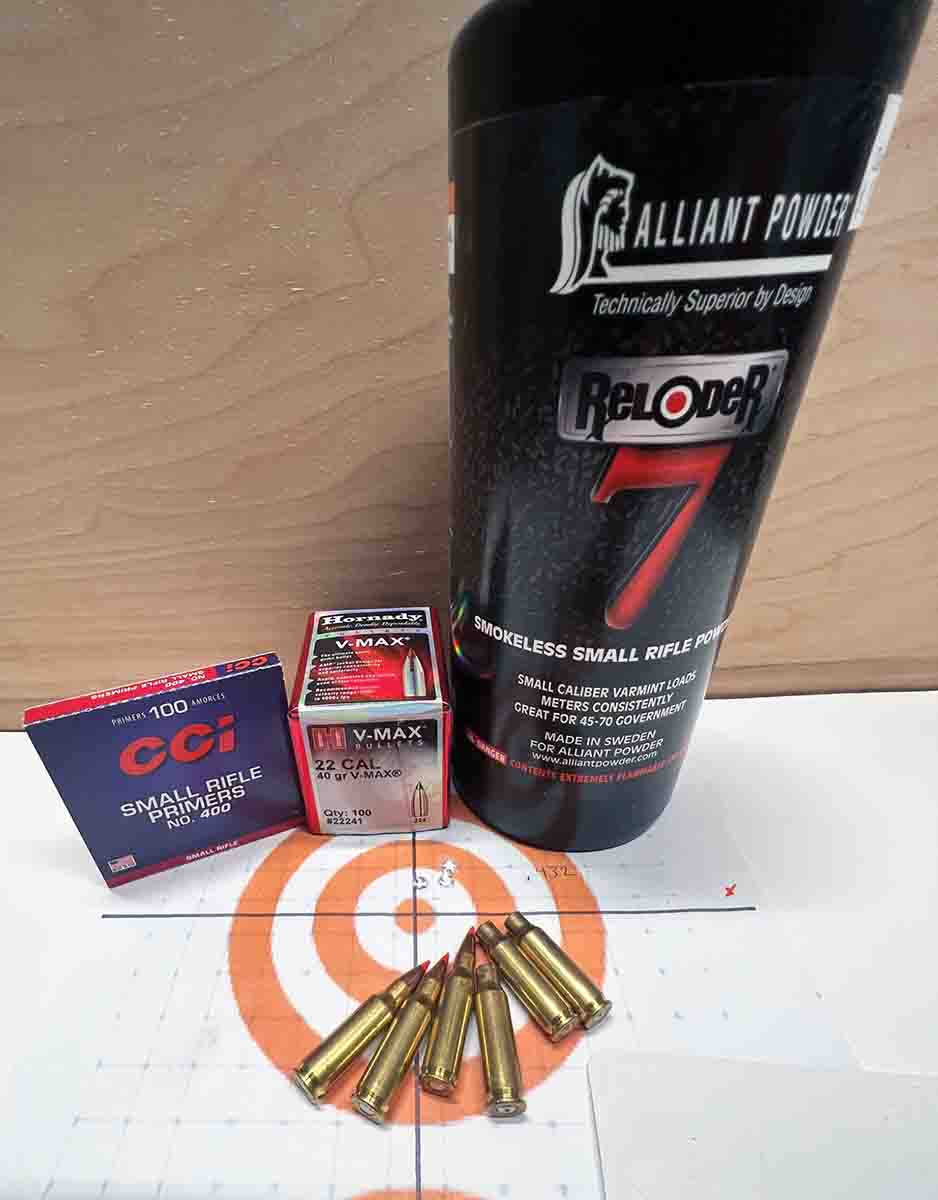 The target and the components used resulted in this three-shot group at 100 yards. Components consisted of Alliant Reloder 7, CCI Small Rifle No. 400, Hornady 40-grain V-MAX and Remington brass.